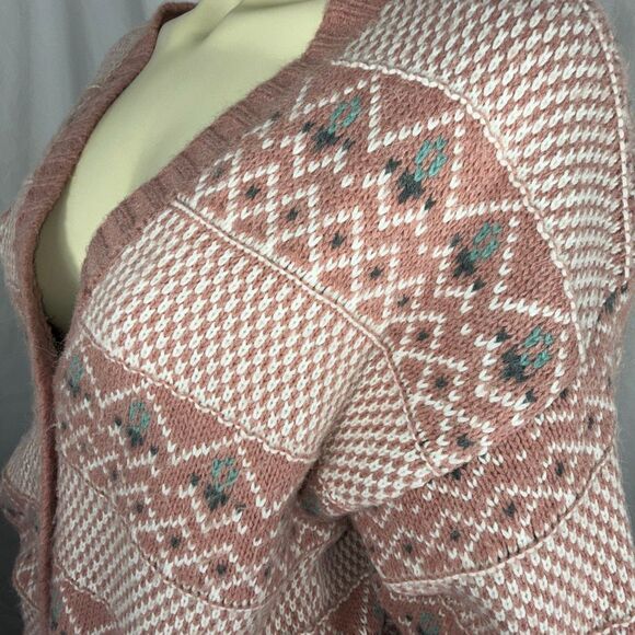 Vintage Gina Peters Knit Cardigan Sweater Pink Fair Isle Geometric Knit Made in - Picture 9 of 16